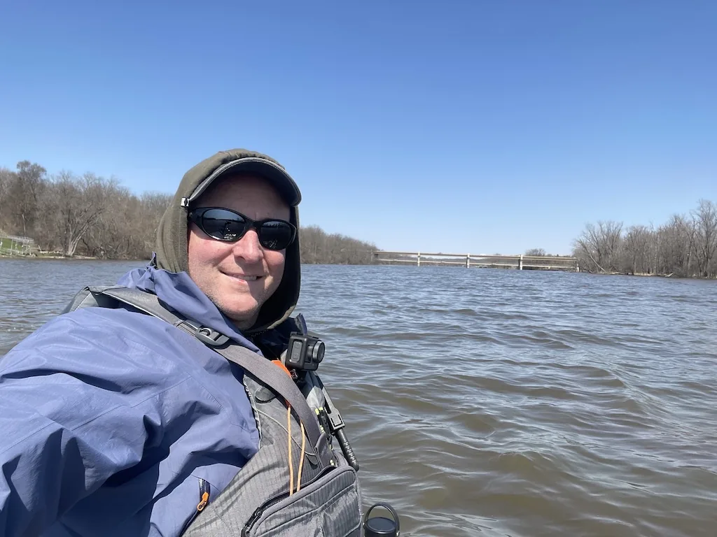 Kayak fishing on the Fox River near St. Charles, Illinois