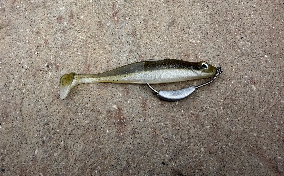Megabass Hazedong Shad rigged on a keel-weighted swimbait hook
