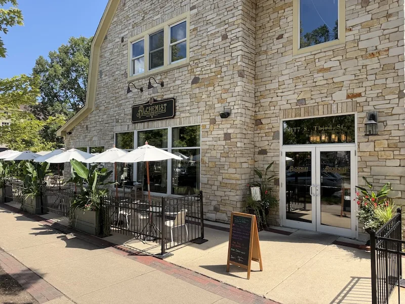 Alchemist cocktail bar and sidewalk patio on Third Street in Geneva, Illinois