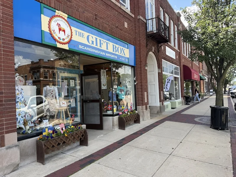 The Gift Box Scandinavian Imports storefront on State Street in Geneva, Illinois