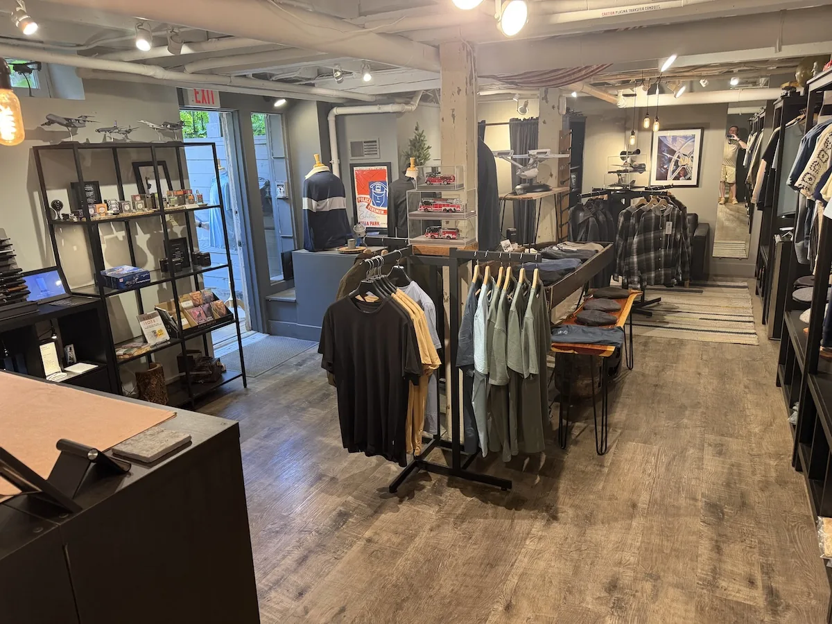 Clothing and accessories displayed inside Motto in Geneva, Illinois