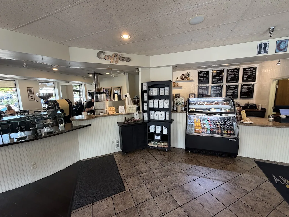 The counter and coffee roaster inside Arcedium Coffeehouse in St. Charles, Illinois