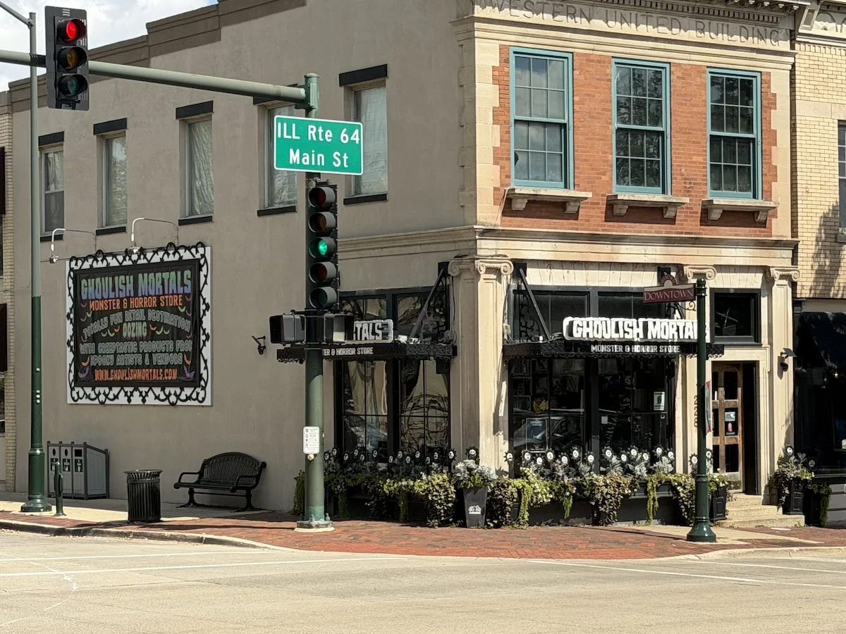 Ghoulish Mortals storefront in downtown St. Charles, Illinois