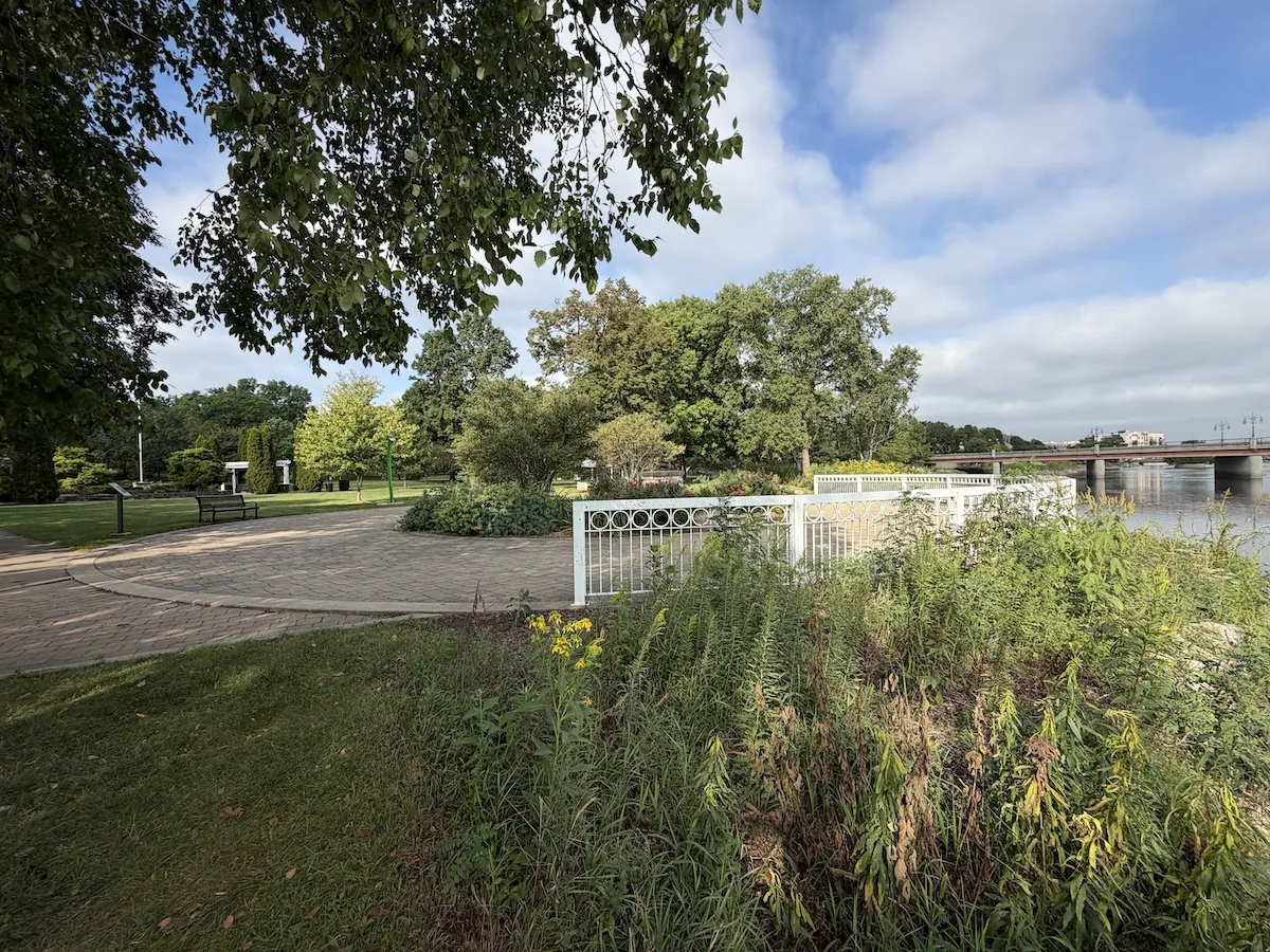 The Fox River path and gardens in Mt. St. Mary Park in St. Charles, Illinois