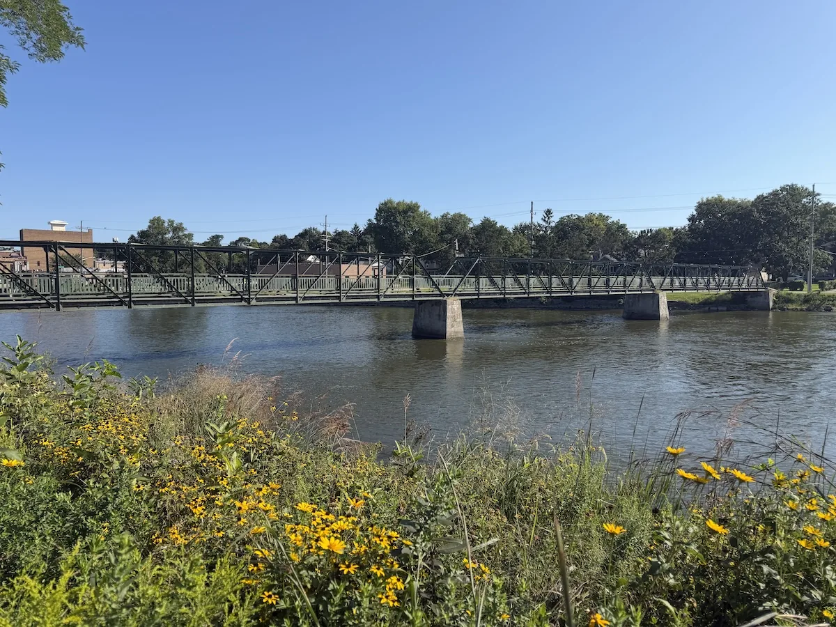The pedestrian bridge over the Fox River near Arcedium Coffeehouse in St. Charles, Illinois