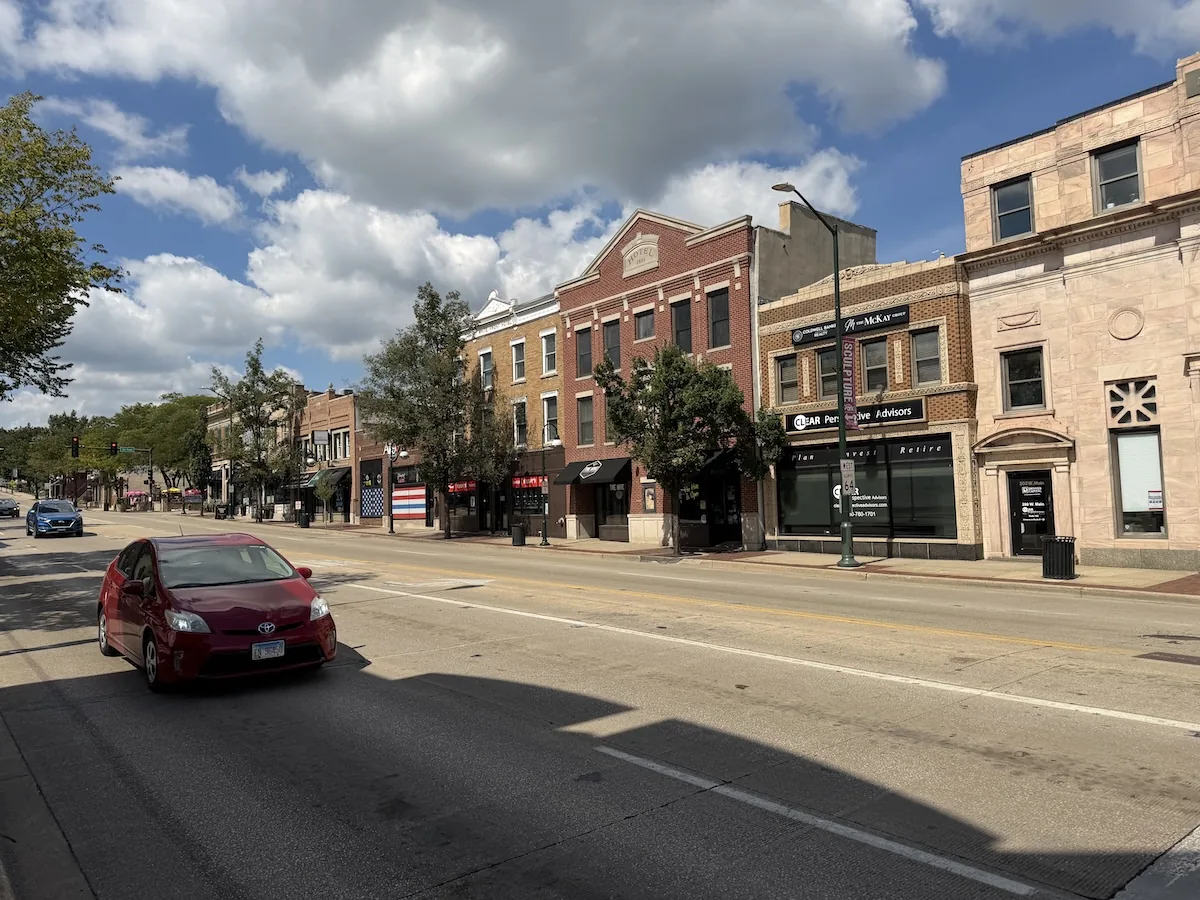 Historic storefronts along Main Street west of the Fox River in downtown St. Charles, Illinois