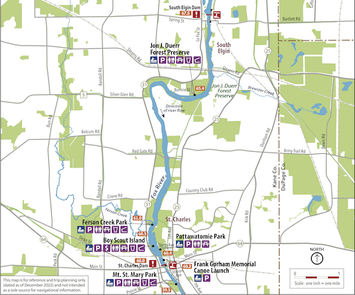 Map of the St. Charles Pool on the Fox River between the South Elgin Dam and St. Charles Dam